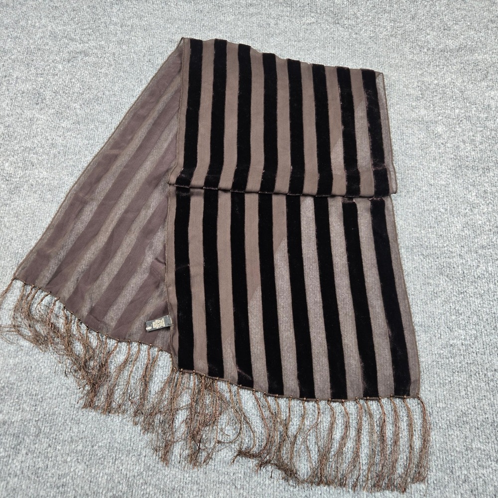 Salda Scarf Womens OS Brown Silk Blend Velvet Stripe Sheer Fringe Made in Italy